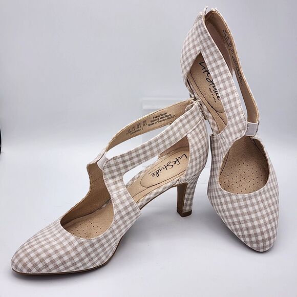 Lifestride Women's Giovanni 2 Tan Gingham Shoes Size 8.5 3.5" Heel Spring Summer - Picture 1 of 7